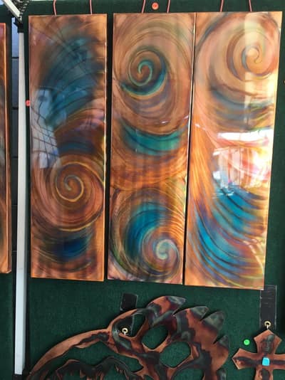 Tri-Panel Swirls — handmade copper wall art by Hikmat, Southwest Treasures Art